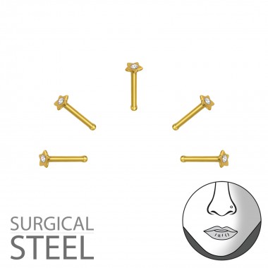 Pack Of 5 Gold Surgical Steel Star Nose Studs With Ball And Crystal - 316L Surgical Grade Stainless Steel Labrets & Barbells SD36009