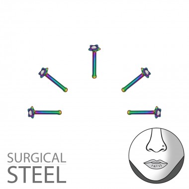 Pack Of 5 Rainbow Surgical Steel Star Nose Studs With Ball And Crystal - 316L Surgical Grade Stainless Steel Labrets & Barbells SD36010
