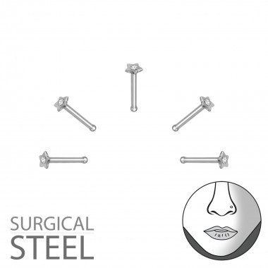 Pack Of 5 High Polish Surgical Steel Star Nose Studs With Ball And Crystal - 316L Surgical Grade Stainless Steel Labrets & Barbells SD36011