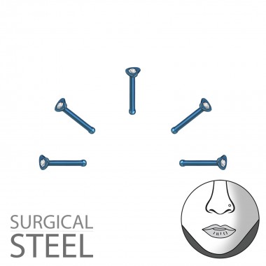 Pack Of 5 Blue Surgical Steel Heart Nose Studs With Ball And Crystal - 316L Surgical Grade Stainless Steel Labrets & Barbells SD36014