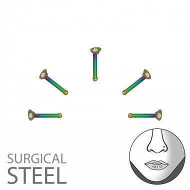 Pack Of 5 Rainbow Surgical Steel Heart Nose Studs With Ball And Crystal - 316L Surgical Grade Stainless Steel Labrets & Barbells SD36015