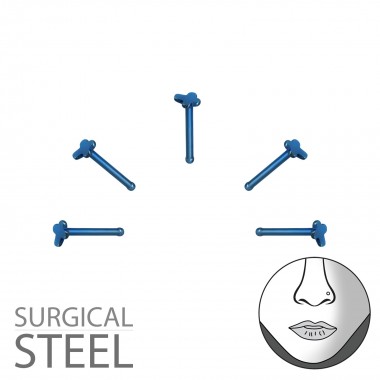 Pack Of 5 Blue Surgical Steel Cross Nose Studs With Ball - 316L Surgical Grade Stainless Steel Labrets & Barbells SD36018