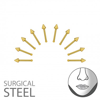 Pack Of 10 Gold Surgical Steel Cone Nose Studs With Ball - 316L Surgical Grade Stainless Steel Labrets & Barbells SD36021