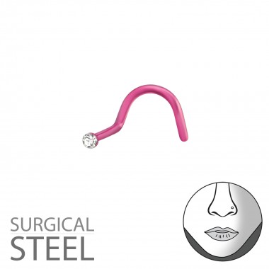 Pink Surgical Steel 1.3Mm Nose Screw With Crystal - 316L Surgical Grade Stainless Steel Labrets & Barbells SD37440