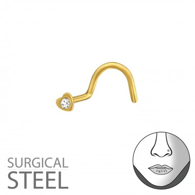 Gold Surgical Steel Heart Nose Studs With Ball And Crystal - 316L Surgical Grade Stainless Steel Labrets & Barbells SD37442