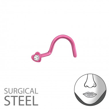 Pink Surgical Steel Heart Nose Studs With Ball And Crystal - 316L Surgical Grade Stainless Steel Labrets & Barbells SD37443
