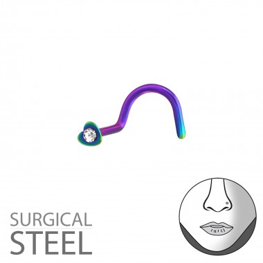 Rainbow Surgical Steel Heart Nose Studs With Ball And Crystal - 316L Surgical Grade Stainless Steel Labrets & Barbells SD37444