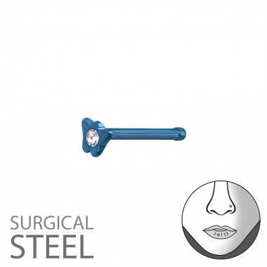 Blue Surgical Steel Butterfly Nose Studs With Ball And Crystal - 316L Surgical Grade Stainless Steel Labrets & Barbells SD37447