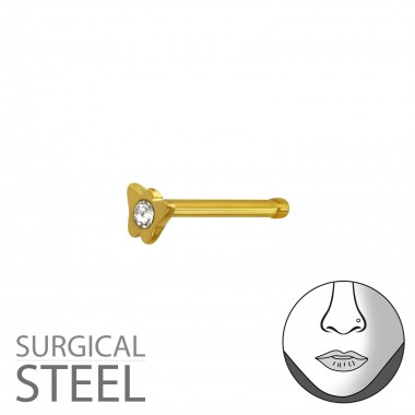 Gold Surgical Steel Butterfly Nose Studs With Ball And Crystal - 316L Surgical Grade Stainless Steel Labrets & Barbells SD37448