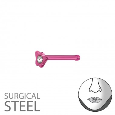 Pink Surgical Steel Butterfly Nose Studs With Ball And Crystal - 316L Surgical Grade Stainless Steel Labrets & Barbells SD37449