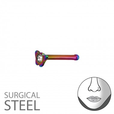 Rainbow Surgical Steel Butterfly Nose Studs With Ball And Crystal - 316L Surgical Grade Stainless Steel Labrets & Barbells SD37450