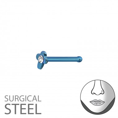 Blue Surgical Steel Cross Nose Studs With Ball And Crystal - 316L Surgical Grade Stainless Steel Labrets & Barbells SD37453