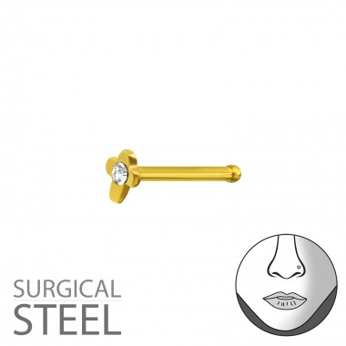 Gold Surgical Steel Cross Nose Studs With Ball And Crystal - 316L Surgical Grade Stainless Steel Labrets & Barbells SD37454