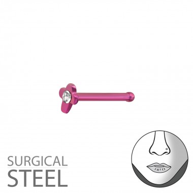 Pink Surgical Steel Cross Nose Studs With Ball And Crystal - 316L Surgical Grade Stainless Steel Labrets & Barbells SD37455