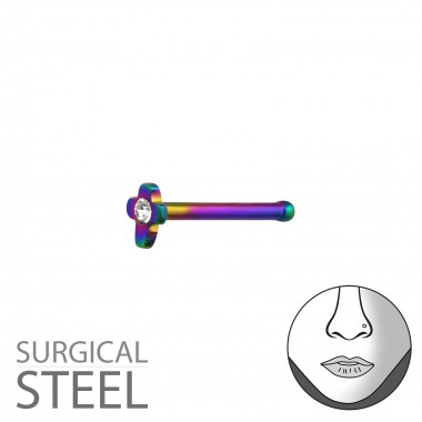 Rainbow Surgical Steel Cross Nose Studs With Ball And Crystal - 316L Surgical Grade Stainless Steel Labrets & Barbells SD37456