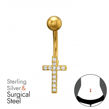 Cross Gold Plated 1.6X10Mm (14G) 5mm Plain Ball - 925 Sterling Silver Silver SD50447