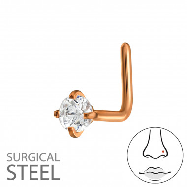 0.8X7X4.5Mm (20G) - 2.5Mm Round 4 Prong L-Shape Nose Stud Rose Gold Color - 316 Surgical Steel Steel SD50565