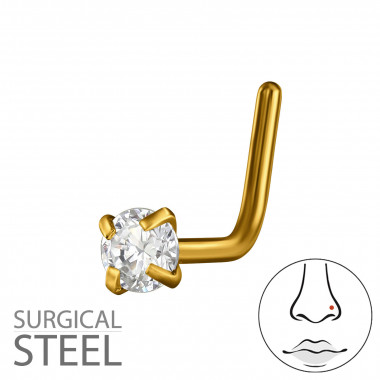 0.8X7X4.5Mm (20G) - 2.5Mm Round 4 Prong L-Shape Nose Stud Gold Color - 316 Surgical Steel Steel SD50566