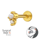1.2X8Mm (16G) Oval Tragus, Helix, Upper Ear Piercing Gold Color With Crystal And Imitation Pearl - Brass Steel SD50589