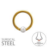 3mm Imitation Pearl On Captive Bead Ring 1.2X8Mm (16G) Gold Color Barbell - 316 Surgical Steel Steel SD50595