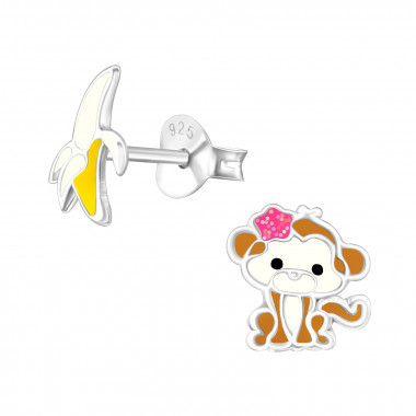 Monkey And Banana - 925 Sterling Silver Kids Ear Studs SD29133