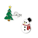 Christmas Tree And Snowman - 925 Sterling Silver Kids Ear Studs SD33593