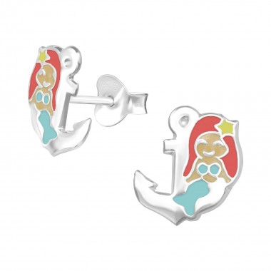 Mermaid And Anchor - 925 Sterling Silver Kids Ear Studs SD39819
