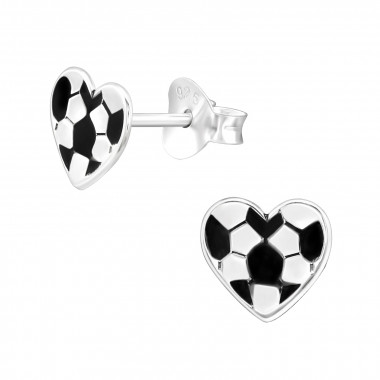 Laser Cut Heart Soccer Ball - 925 Sterling Silver Kids Ear Studs SD44765