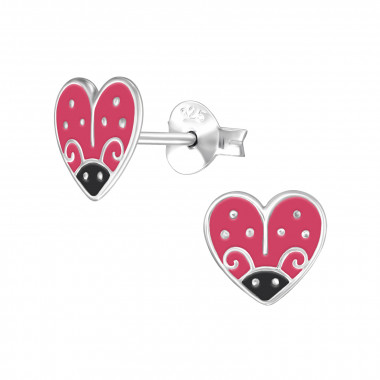 8mm Ladybug Heart - 925 Sterling Silver Kids Ear Studs SD49829