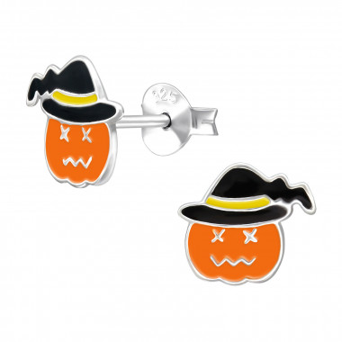 Halloween Pumpkin With Hat - 925 Sterling Silver Kids Ear Studs SD50311