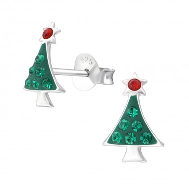 Christmas Tree - 925 Sterling Silver Kids Ear Studs with Crystal SD38014