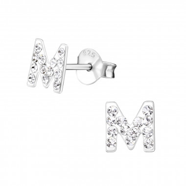 Initial m - 925 Sterling Silver Kids Ear Studs with Crystal SD16323