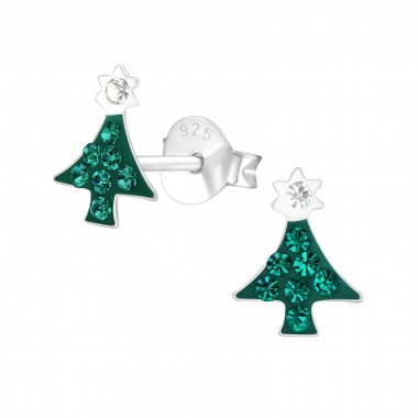 Christmas Tree - 925 Sterling Silver Kids Ear Studs with Crystal SD21900