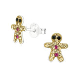 Gingerbread Man - 925 Sterling Silver Kids Ear Studs with Crystal SD25104