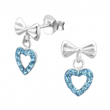 Bow With Hanging Heart - 925 Sterling Silver Kids Ear Studs with Crystal SD25106