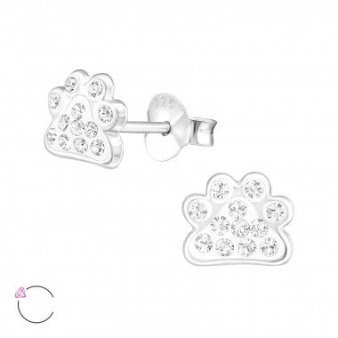 Paw Print - 925 Sterling Silver Kids Ear Studs with Crystal SD32794