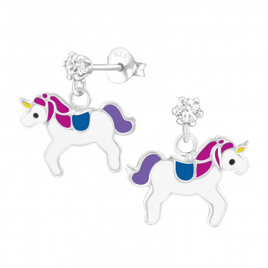 Hanging Unicorn - 925 Sterling Silver Kids Ear Studs with Crystal SD32846