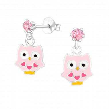 Hanging Owl - 925 Sterling Silver Kids Ear Studs with Crystal SD32847