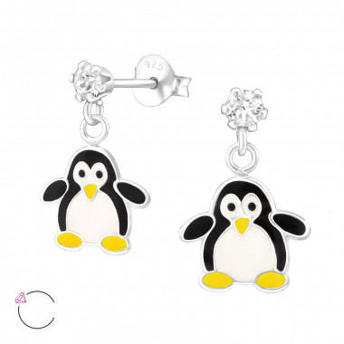 Hanging Penguin - 925 Sterling Silver Kids Ear Studs with Crystal SD32855