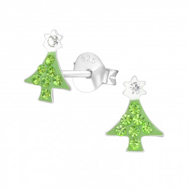 Christmas Tree - 925 Sterling Silver Kids Ear Studs with Crystal SD37648