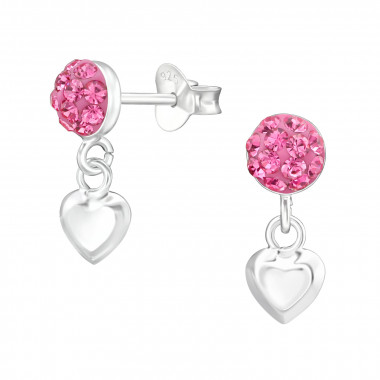 Round With Hanging Heart - 925 Sterling Silver Kids Ear Studs with Crystal SD38391