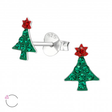 Christmas Tree - 925 Sterling Silver Kids Ear Studs with Crystal SD39042