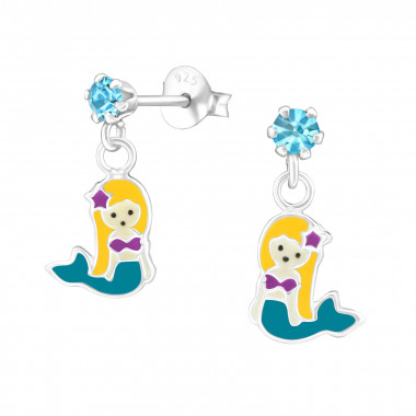 Hanging Mermaids - 925 Sterling Silver Kids Ear Studs with Crystal SD39470