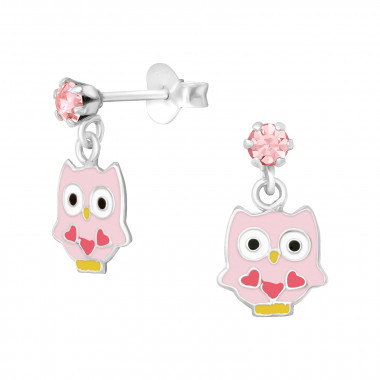 Hanging Owl - 925 Sterling Silver Kids Ear Studs with Crystal SD39837