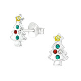 Christmas Tree - 925 Sterling Silver Kids Ear Studs with Crystal SD40315