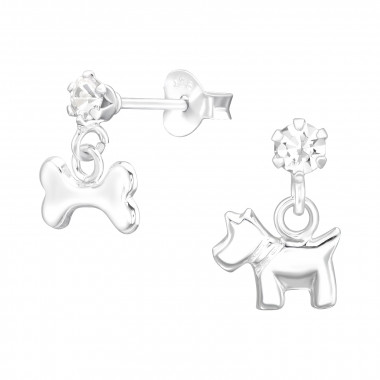 Hanging Bone And Dog - 925 Sterling Silver Kids Ear Studs with Crystal SD41593