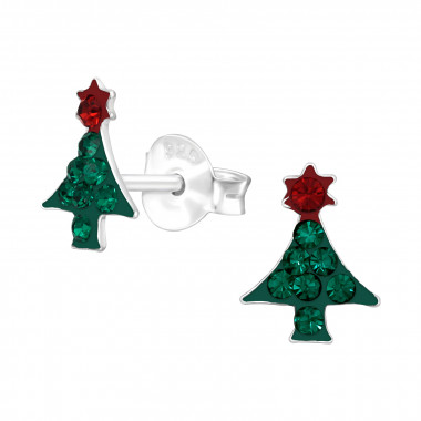 Christmas Tree - 925 Sterling Silver Kids Ear Studs with Crystal SD42424