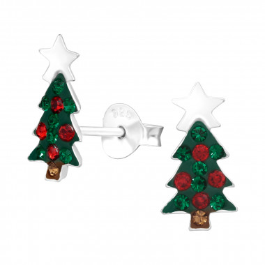 Christmas Tree - 925 Sterling Silver Kids Ear Studs with Crystal SD42429