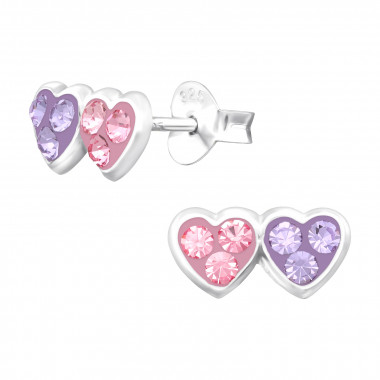 Double Heart - 925 Sterling Silver Kids Ear Studs with Crystal SD42534
