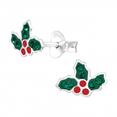 Holly Leaf - 925 Sterling Silver Kids Ear Studs with Crystal SD42776